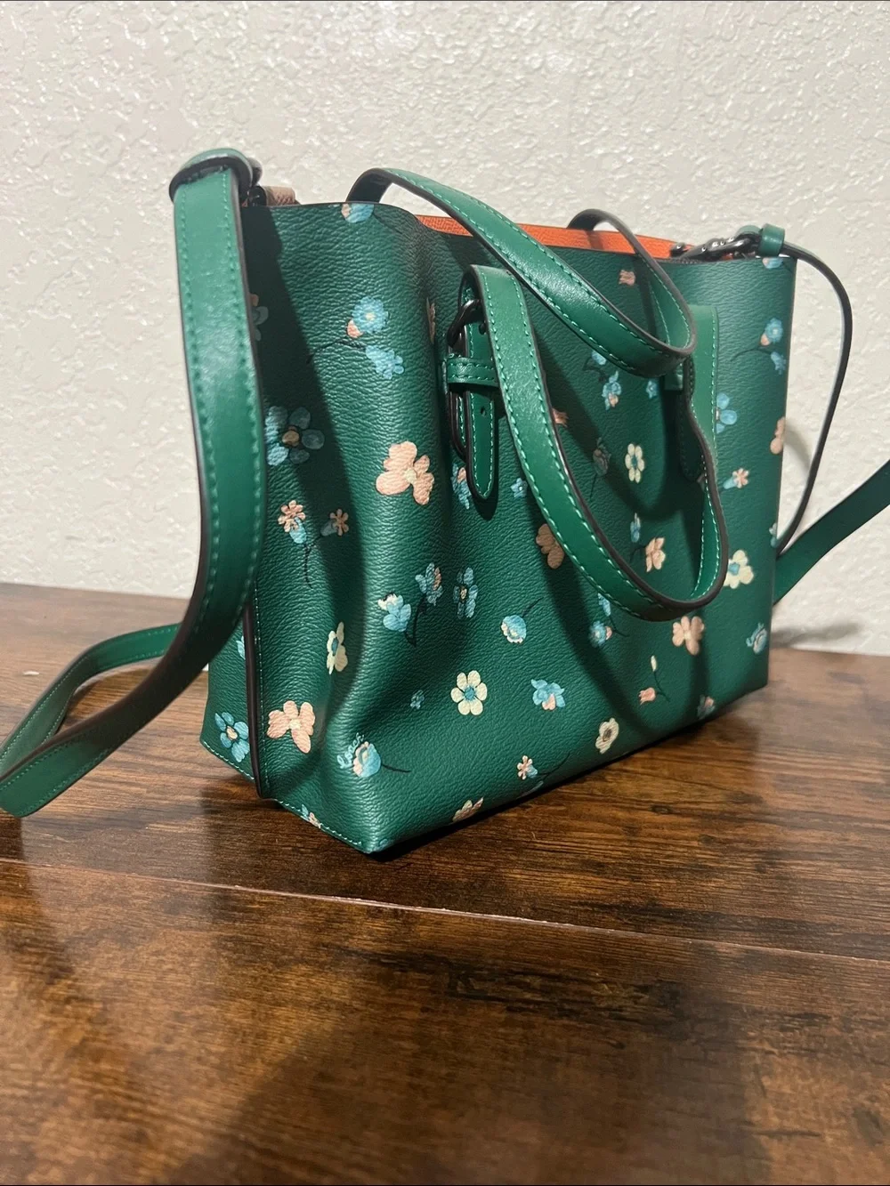 Beautiful Coach Green Floral Shoulder Tote with Pink & Blue Flowers